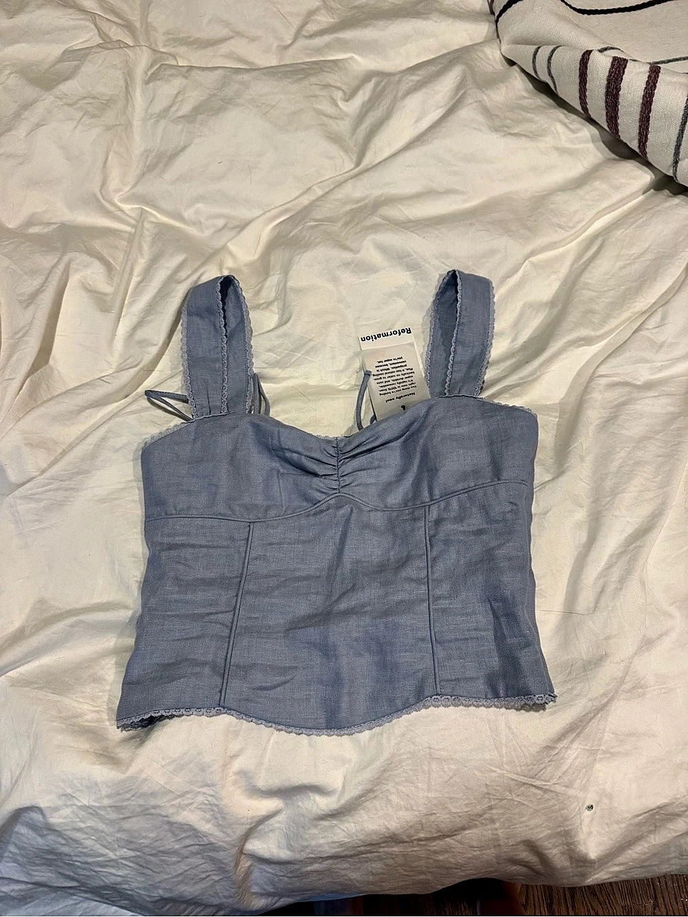 Reformation Zanna Linen Top Linen Crop Top in Blue Size Small NWT